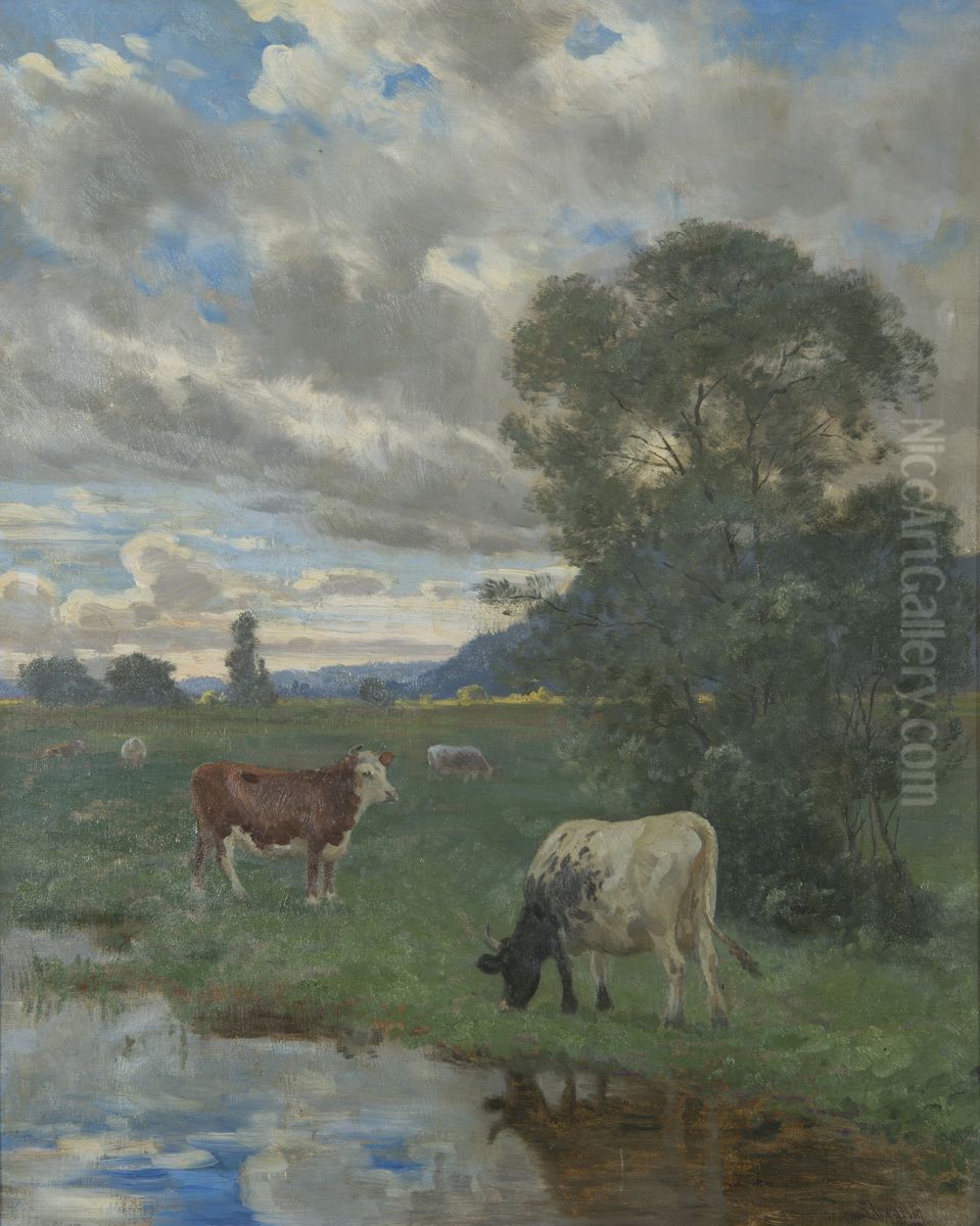 Kyr ved tjern Oil Painting by Christian Skredsvig