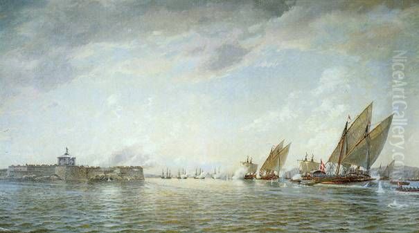 Danish naval forces attacking the Swedish fortress New Alvsborg in the harbour of Gothenburg in 1717. Oil Painting by Jacob Hagg