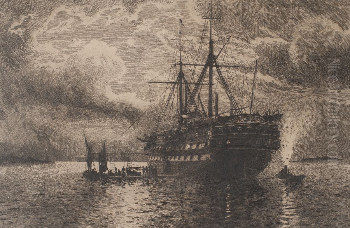 Linjeskeppet Stockholm som skjutskolefartyg i Bollesund. Oil Painting by Jacob Hagg