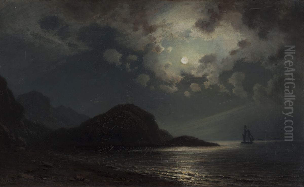 Kystlandskap i maneskinn Oil Painting by Knud Baade