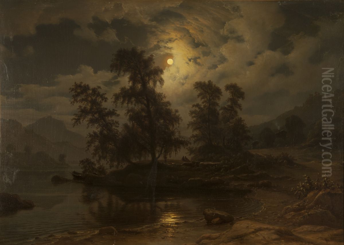 Landskap i maneskinn Oil Painting by Knud Baade