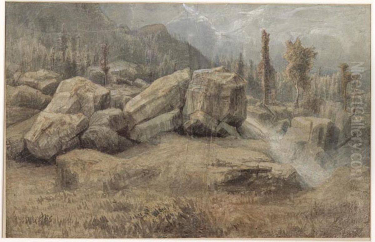 Fjell og skoglandskap Oil Painting by Lars Hertervig
