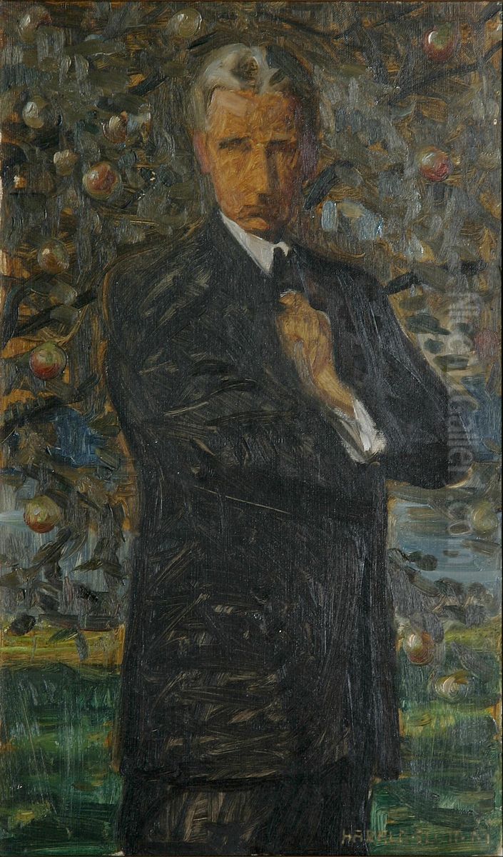 Self portrait, standing in an orchard. Oil Painting by Harald Slott-Moller