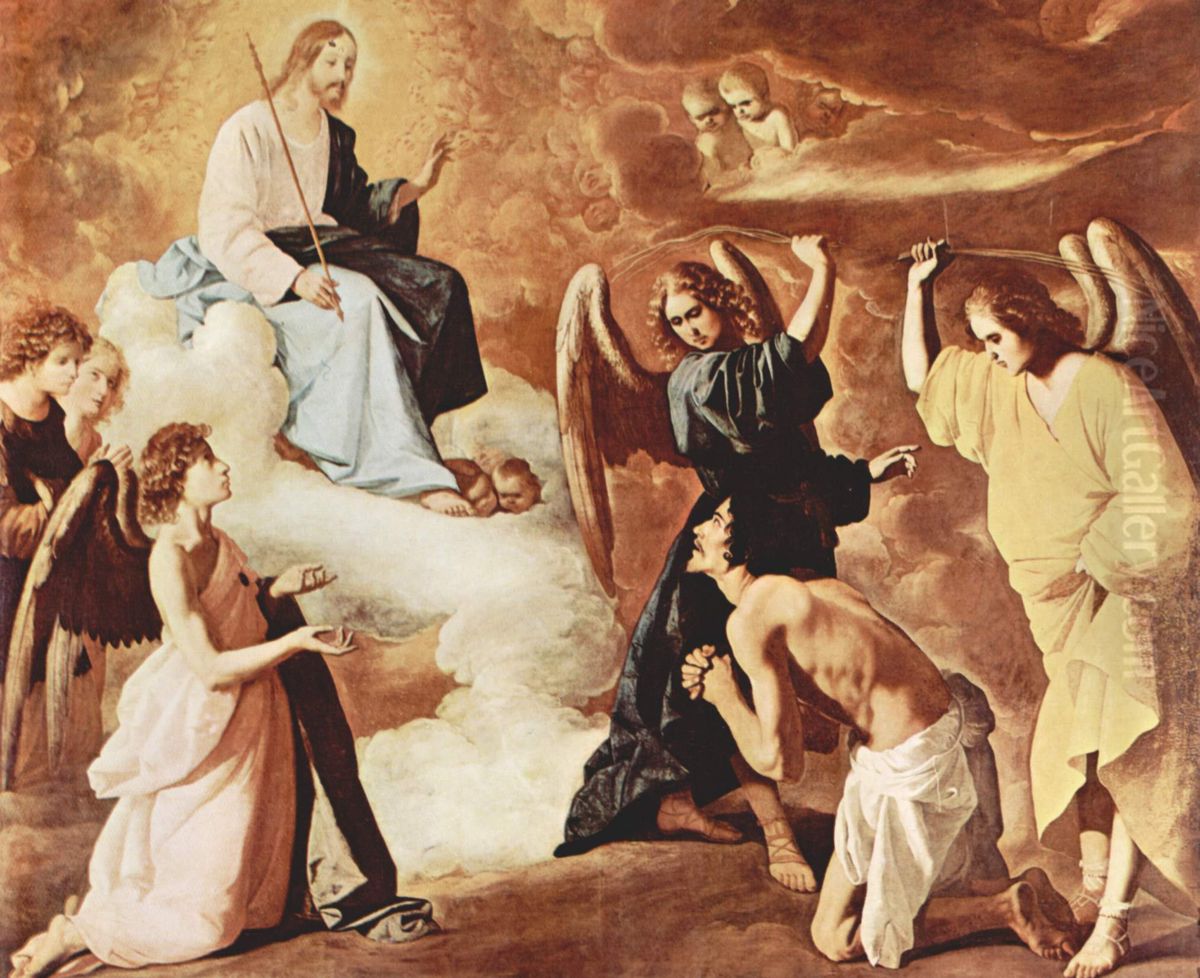 Gemaldezyklus fur das Hieronymitenkloster in Guadalup, Szene: Geisselung des Hl. Hieronymus durch die Engel Oil Painting by Francisco De Zurbaran