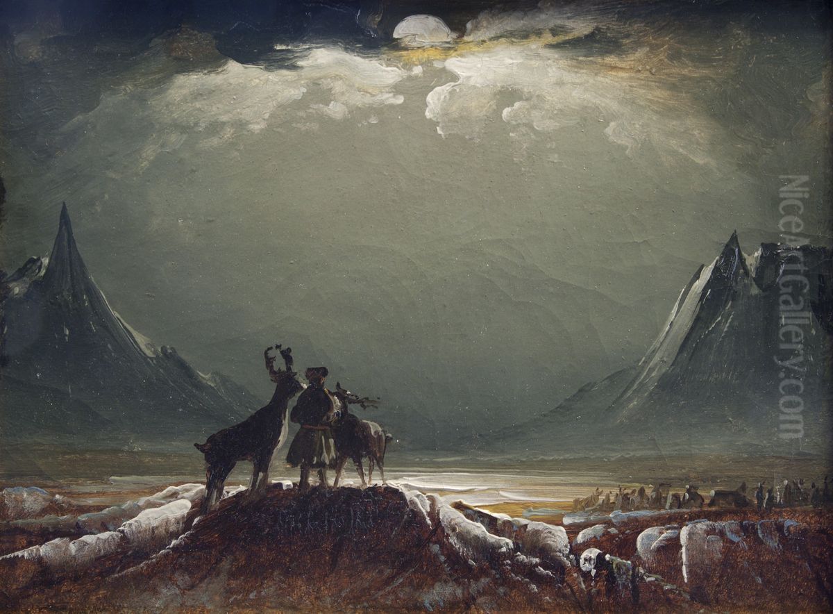 Landskap fra Finnmark med same og reinsdyr Oil Painting by Peder Balke