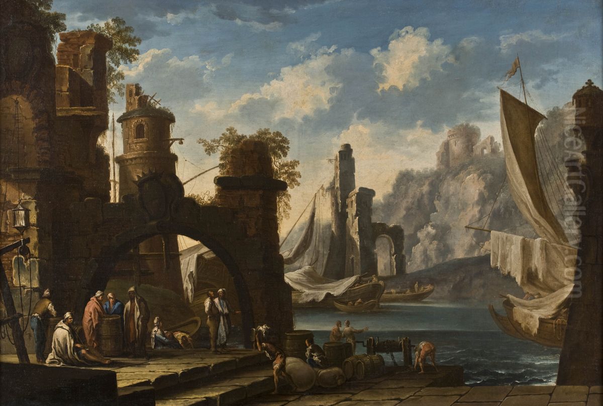 Mediterranean port with castle in ruins, ships and figures Oil Painting by Clemente Spera