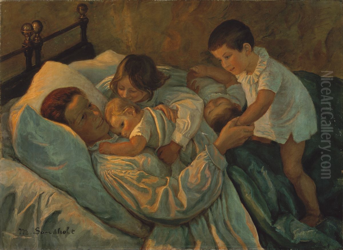 Moderglaede / Morgenglaeder, Bornene faar Lov til at komme op i Moders Seng. Oil Painting by Marie Sandholt