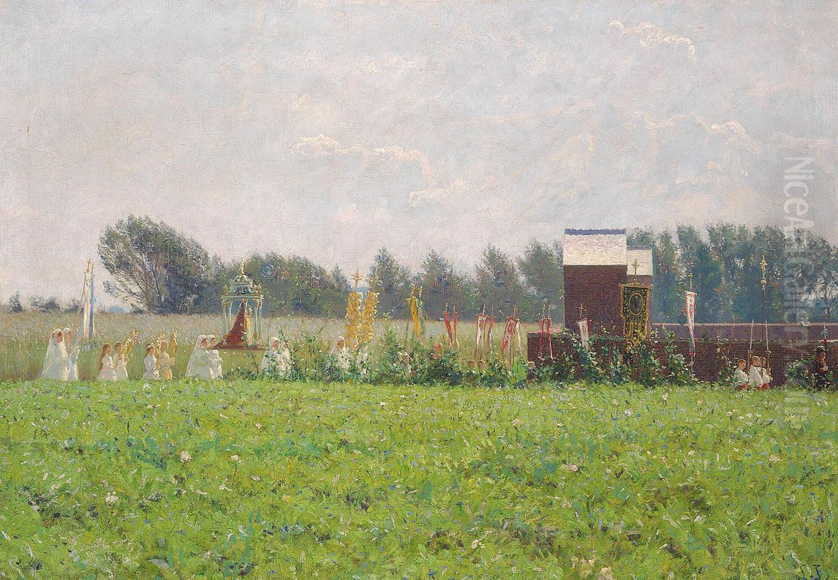 The blessing of the harvest - The day of St. John outside a Belgian village. Study. Oil Painting by Laurits Tuxen