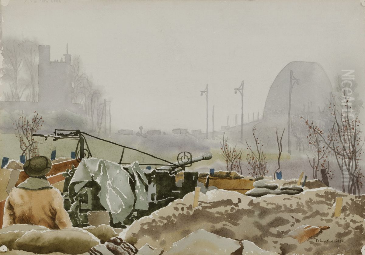 ANTI-AIRCRAFT GUN NEAR NIJMEGEN BRIDGE Oil Painting by Alex Colville
