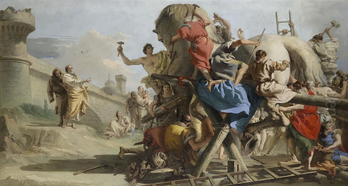 The Building of the Trojan Horse Oil Painting by Giovanni Domenico Tiepolo