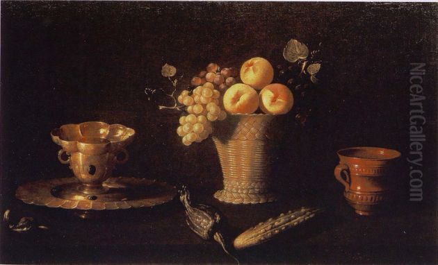 Bodegon con cacharros, fruta, pepinillo y pimientos Oil Painting by Francisco De Zurbaran
