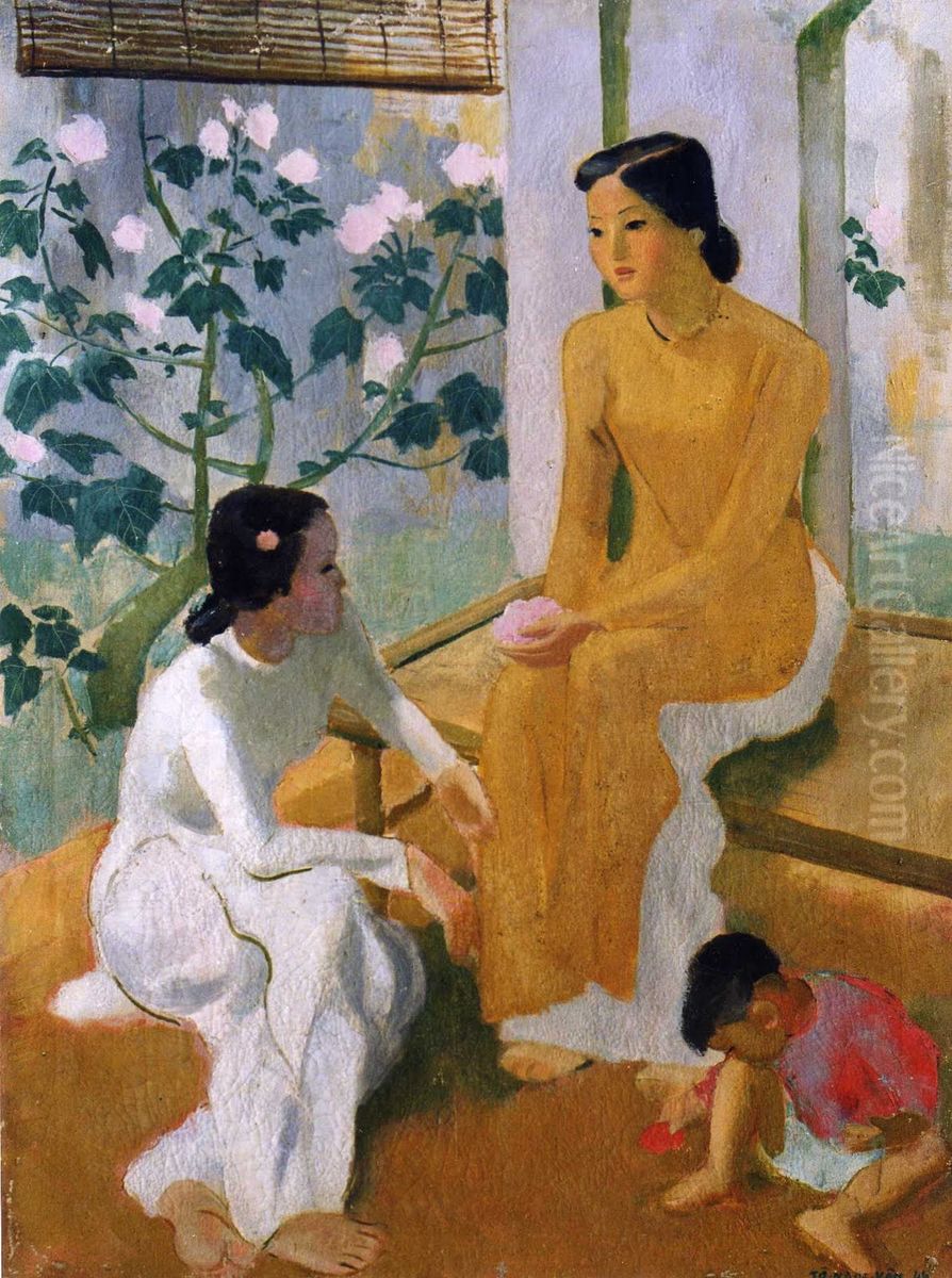 Two women and a child Oil Painting by To Ngoc Van