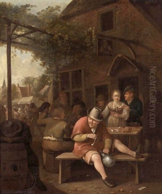 Figures Smoking And Drinking-Outside An Inn Oil Painting by Hendrik Carre