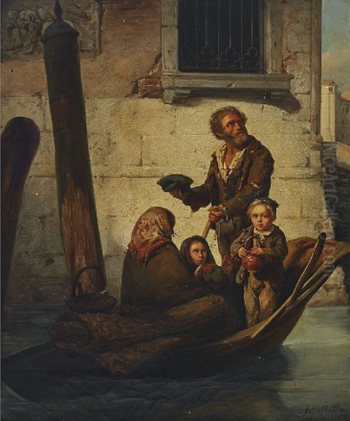 A Peasant family on the Venetian Canal Oil Painting by Antonio Rotta