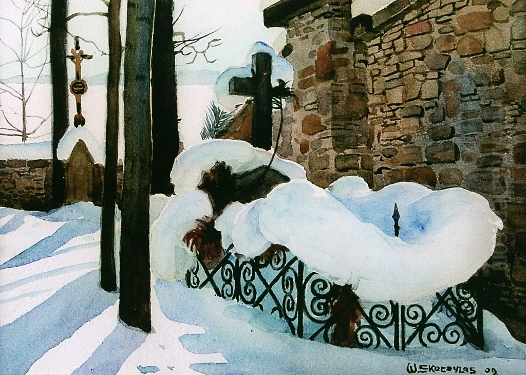 Motyw z cmentarza Oil Painting by Wladyslaw Skoczylas