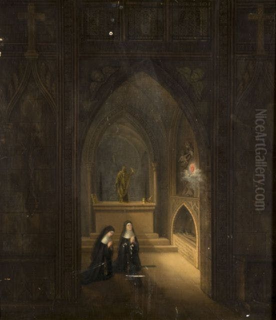 L'Apparition du Sacre-Coeur sur le tombeau du bienheureux Pere Fourier, instituteur des religieuses de la Congregation de Notre-Dame Oil Painting by Therese-Victoire de Manne