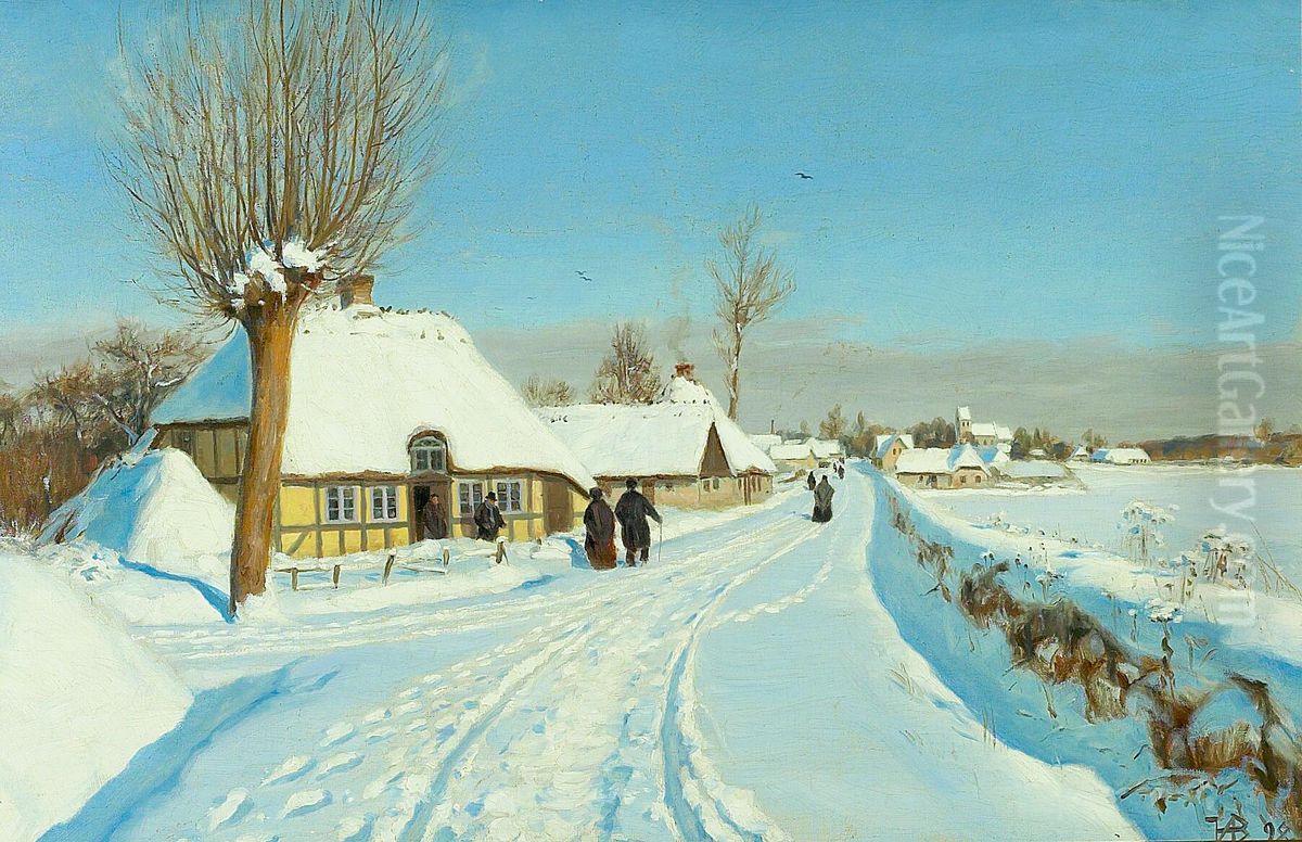 Kirkegaengere pa vej til kirke, julemorgen. Oil Painting by H. A. Brendekilde