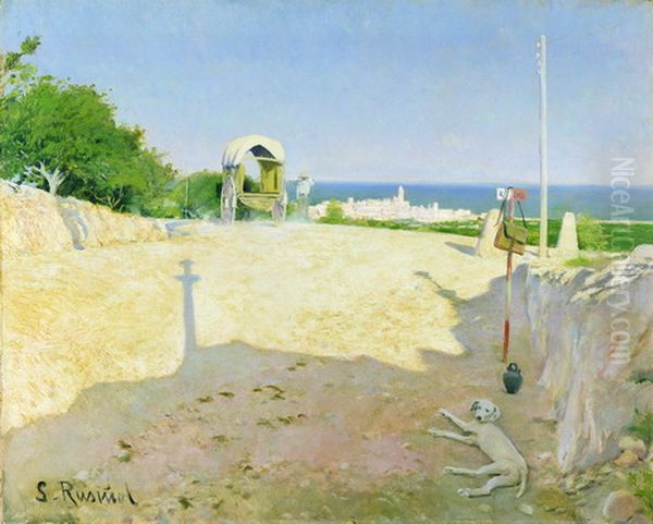 Creu de terme, o Vista de Sitges des de la Creu de Ribes Oil Painting by Santiago Rusinol i Prats