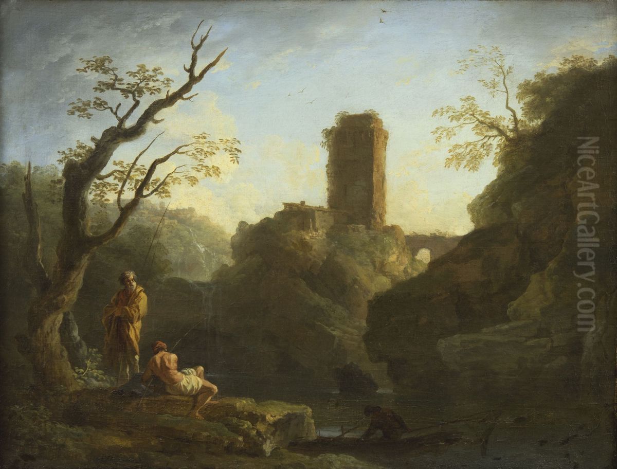 Un paysage avec un arbre et deux hommes, une tour en arriere-plan Oil Painting by Joseph Vernet