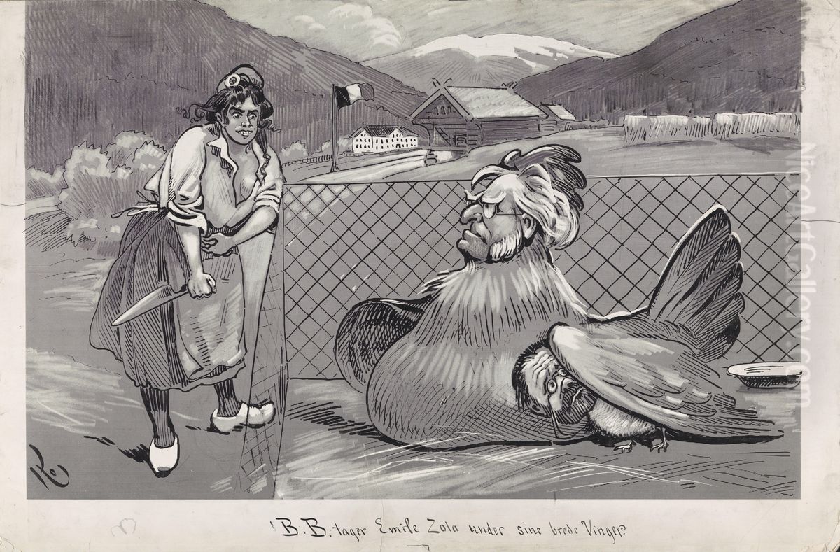 Bjornstjerne Bjornson tar Emile Zola under sine brede vinger. Oil Painting by Olaf Krohn