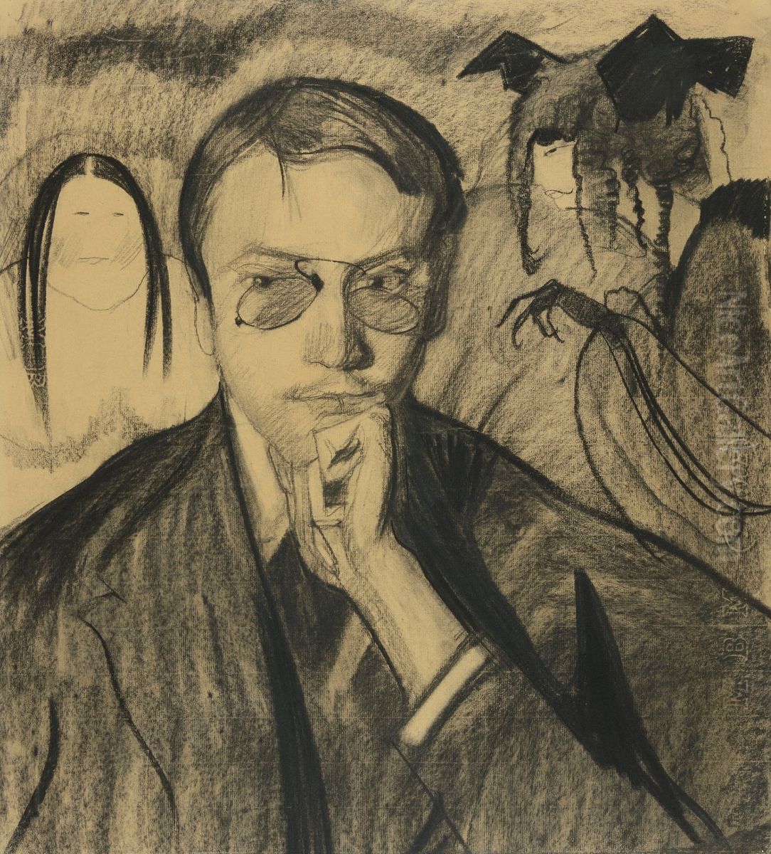 Portrait  of a man with figures in the background Oil Painting by Stanislaw Ignacy Witkiewicz (Witkacy)