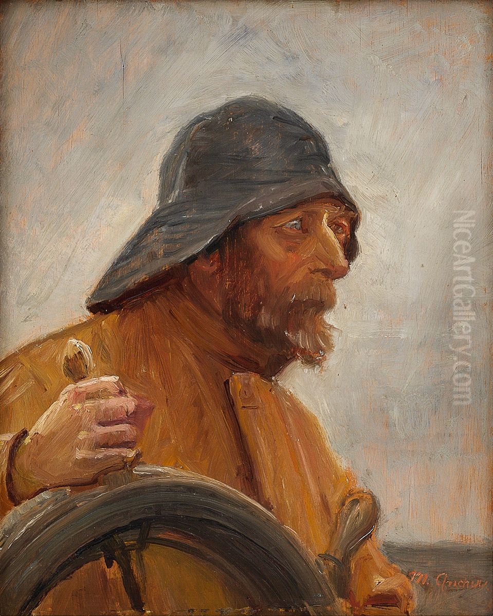 A helmsman wearing a sou'wester. Oil Painting by Michael Peter Ancher