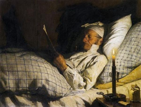 Farmer reading in Bed I Oil Painting by Albert Anker