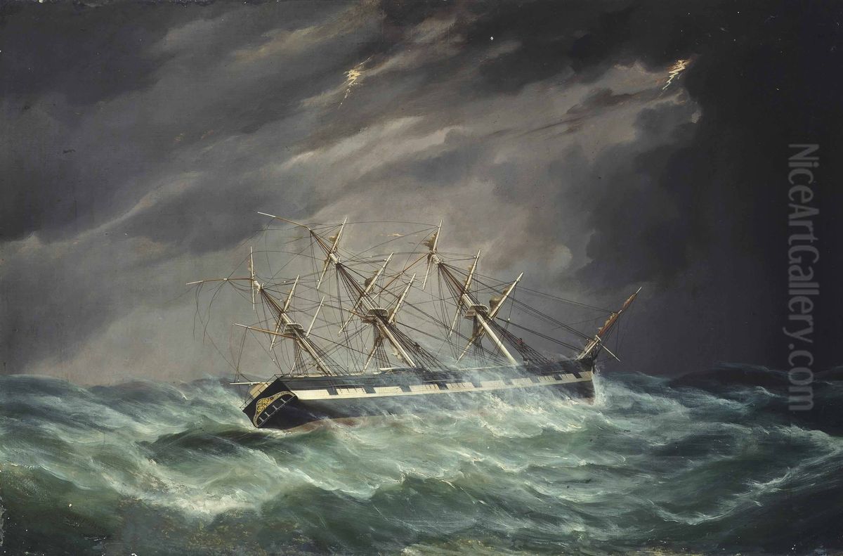 The emigrant ship Carnatic of Boston in a hurricane in the Indian Ocean on a voyage to Calcutta, under the command of Captain John Devereux Oil Painting by Duncan MacFarlane