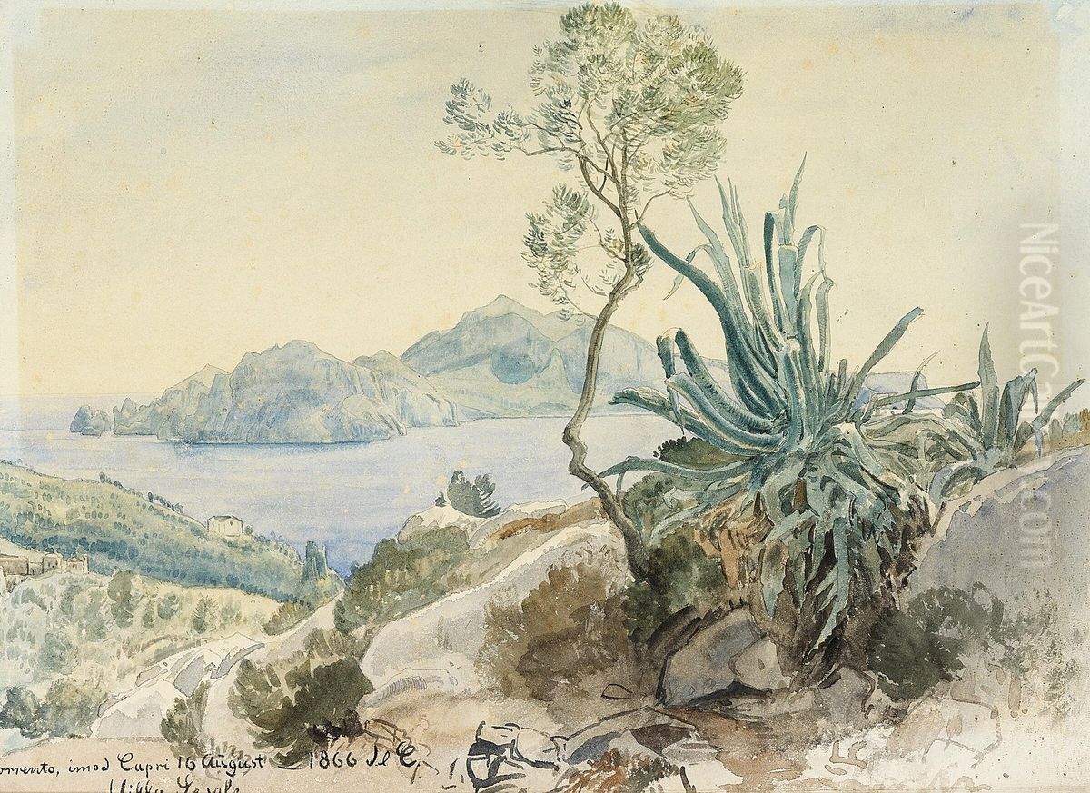 Landscape at Villa Sesale near Sorrento, with a view of Capri. Oil Painting by Janus Andreas Bartholin La Cour