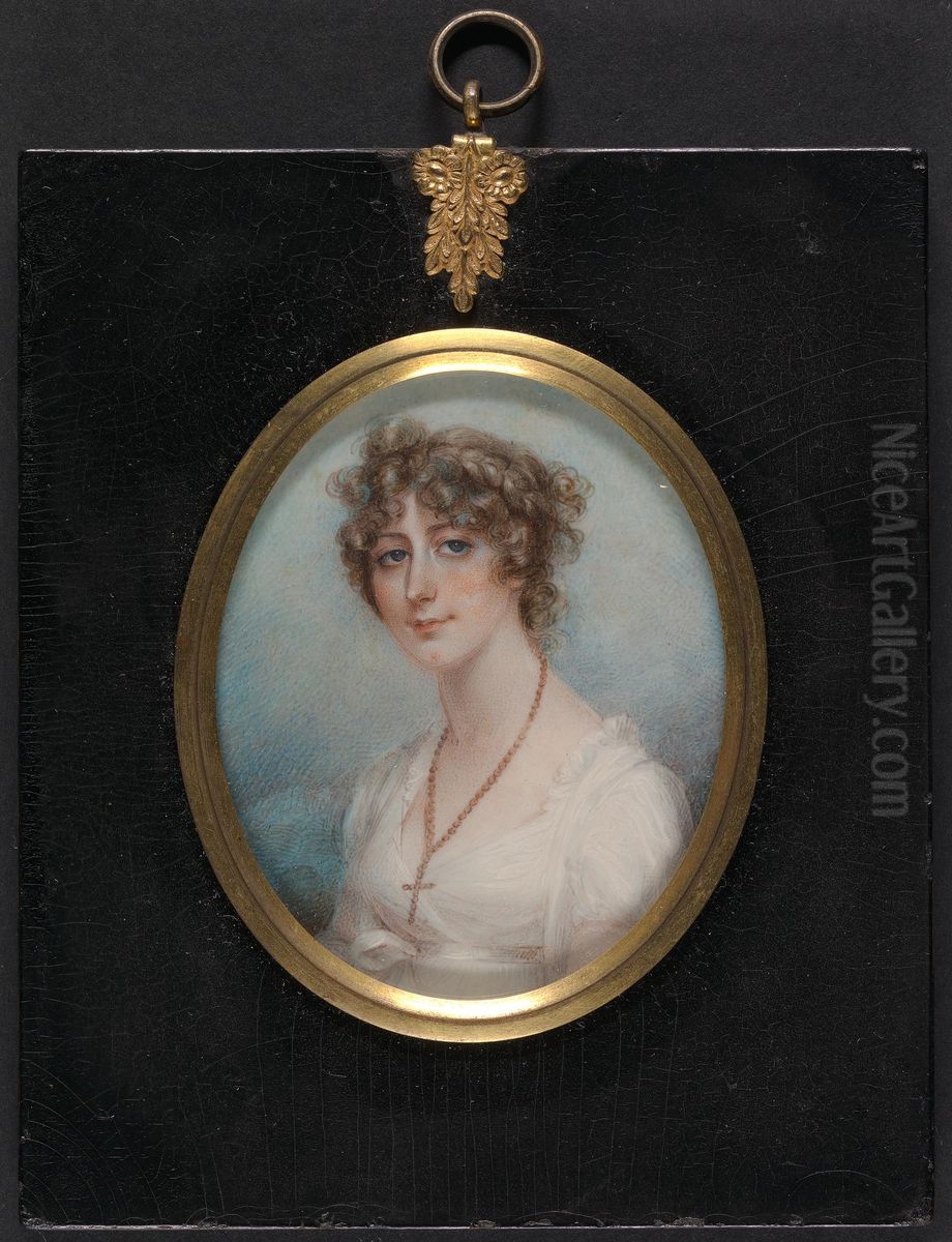 Young Woman with Coral Necklace and Crucifix Oil Painting by Anne Mee