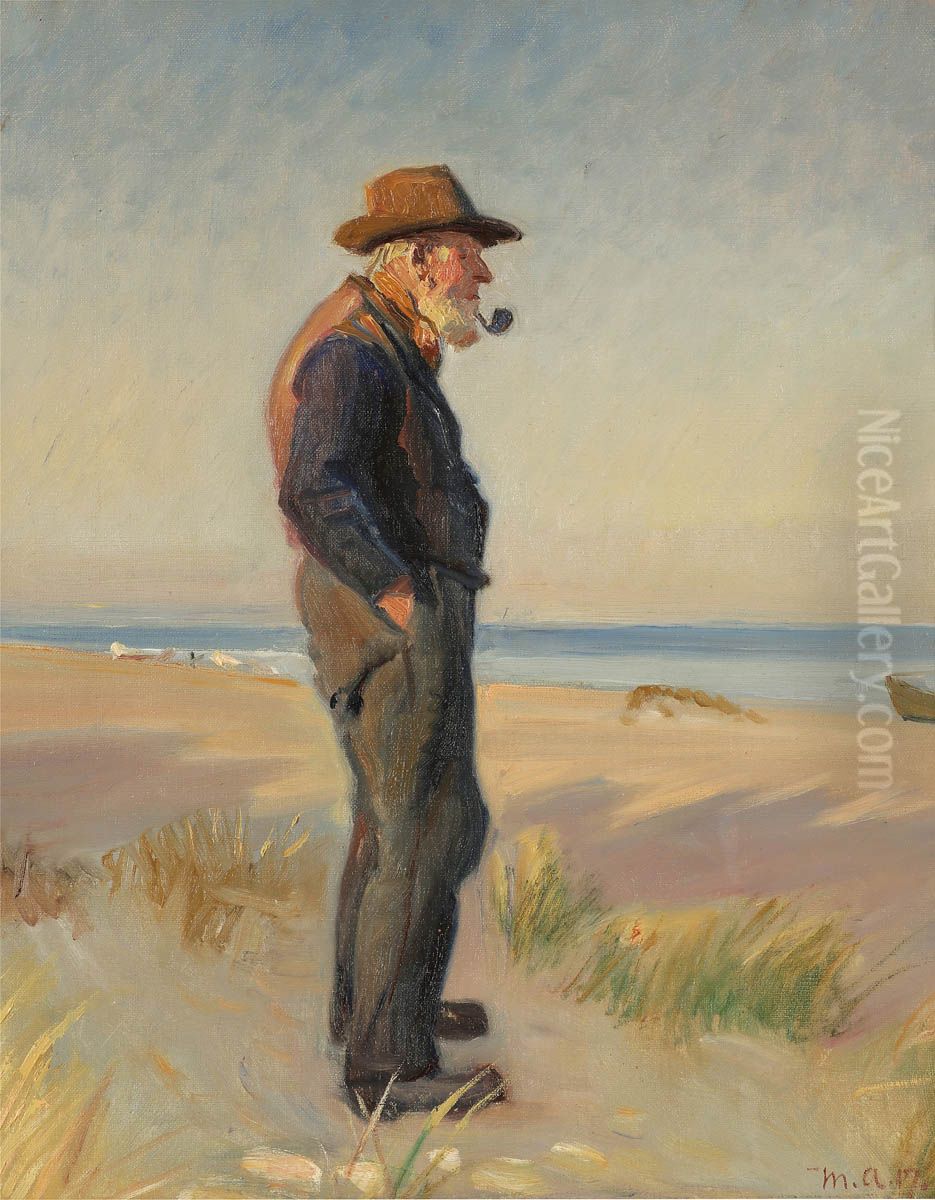 Piberygende fisker pa Skagen Strand. Oil Painting by Michael Peter Ancher