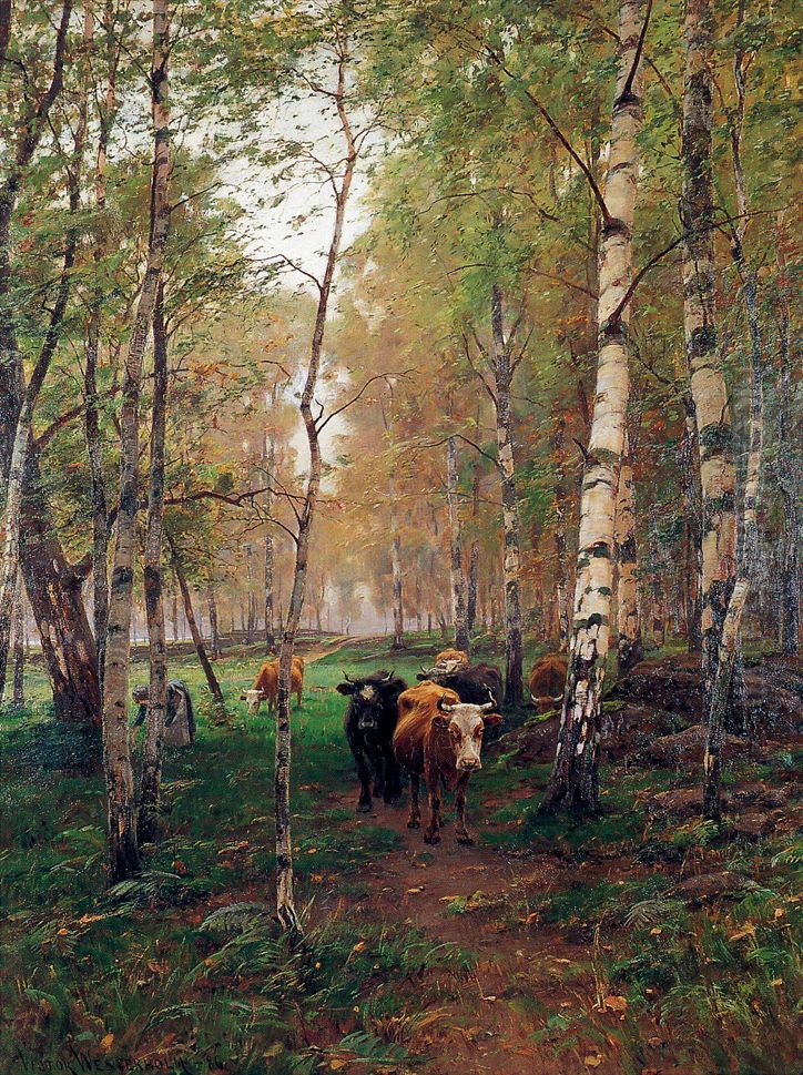 Cows in a Birch Forest Oil Painting by Victor Westerholm