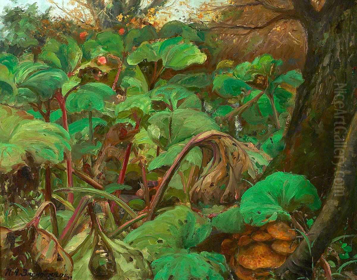 Garden with rhubarbs at Herlufsholm. Oil Painting by H. A. Brendekilde