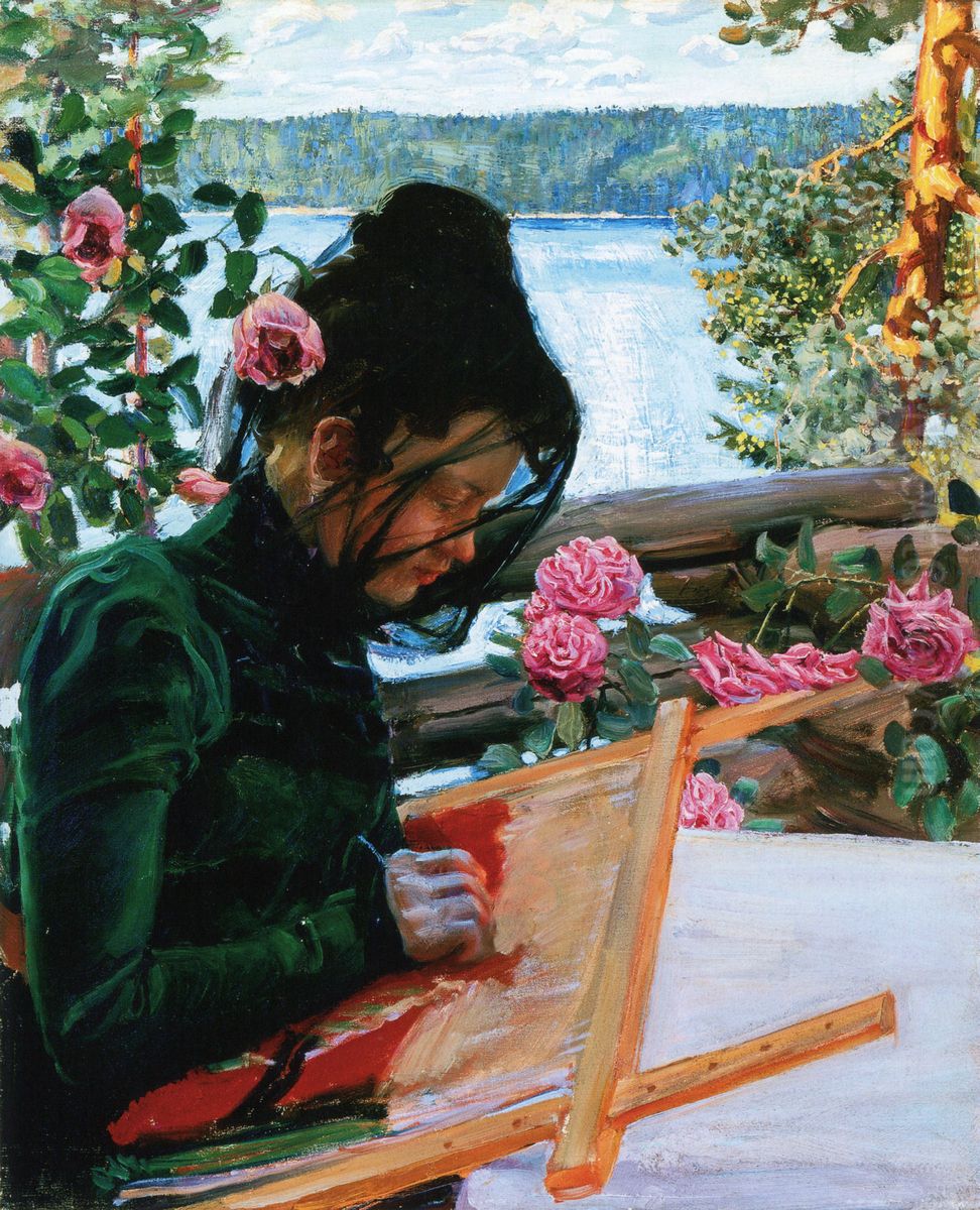 Mary Sewing on the Veranda of Kalela Oil Painting by Akseli Valdemar Gallen-Kallela