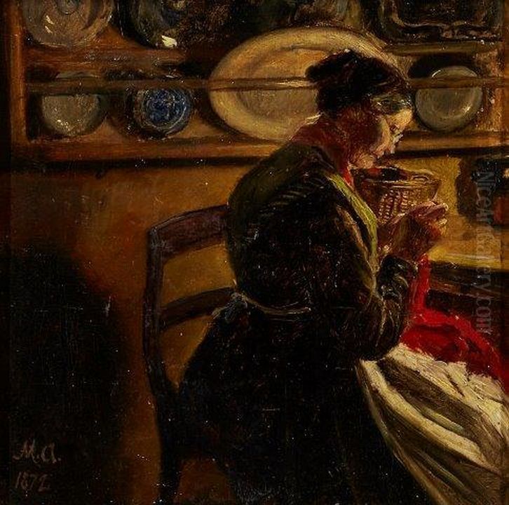 A woman knitting in a kitchen. Oil Painting by Michael Peter Ancher