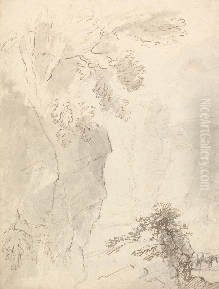 Landscape with Gorge and Cattle Oil Painting by Henry Greville, 3rd Earl of Warwick