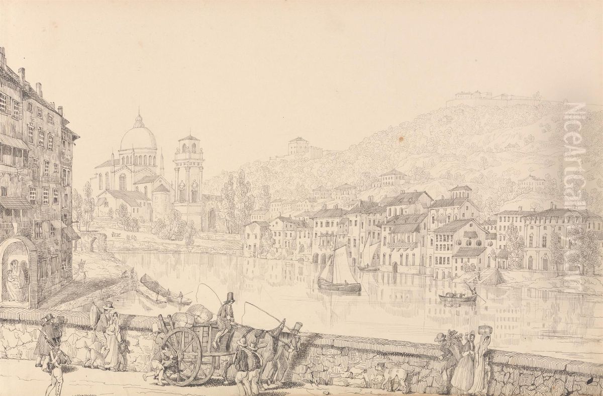 City of Verona and Church of San Giorgia looking to the left on the Bridge, 1st Nov.r 1840 Oil Painting by Sir Charles D'Oyly, 7th Baronet