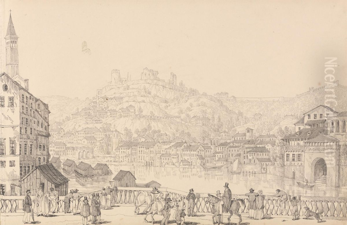 City of Verona and Castle of San Pietro from another bridge, 1st Nov.r 1840 Oil Painting by Sir Charles D'Oyly, 7th Baronet