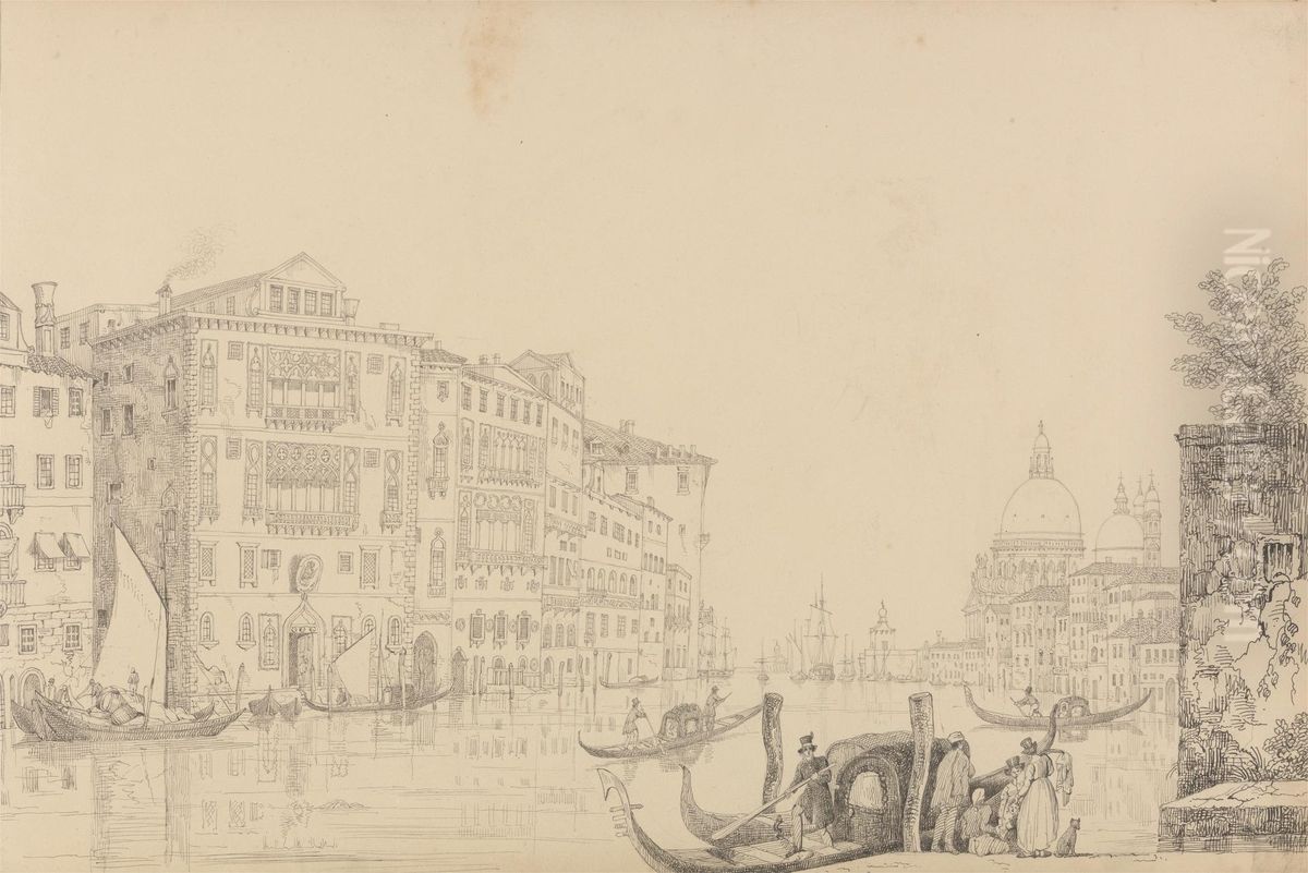 View on the Grand Canal 9.th Nov.r 1840 Oil Painting by Sir Charles D'Oyly, 7th Baronet