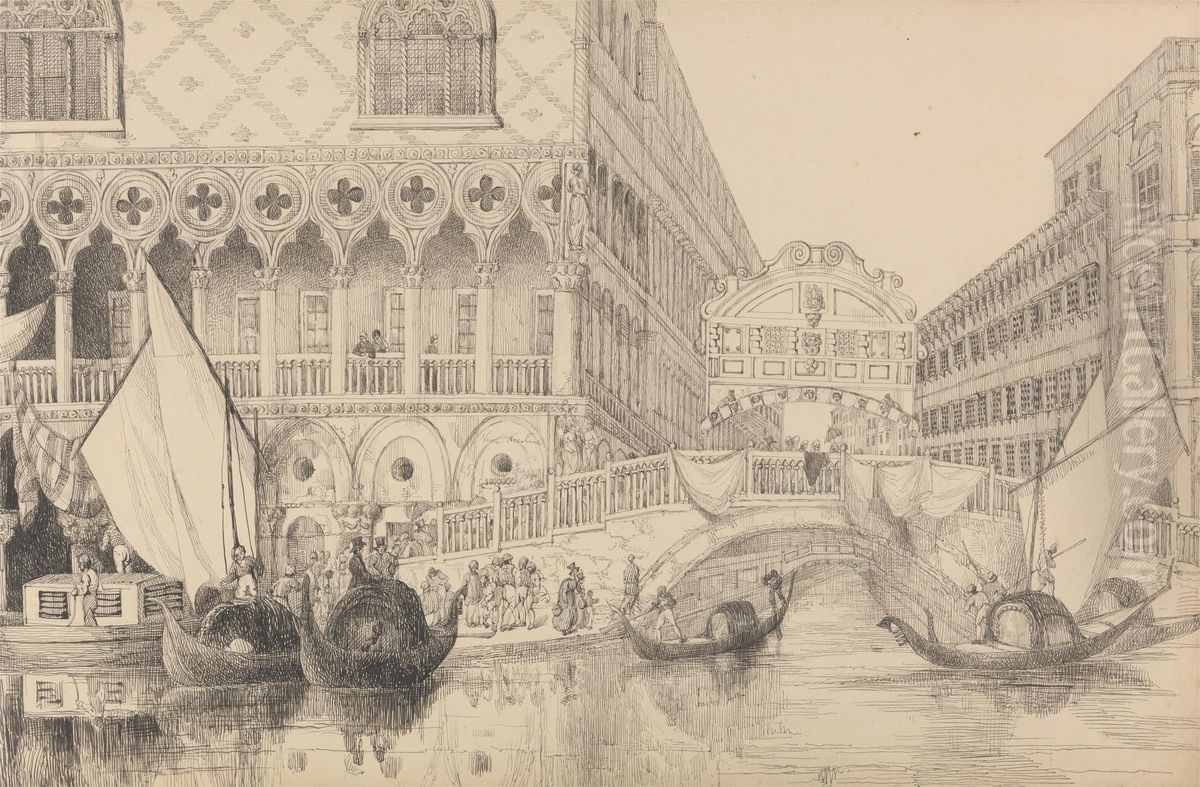 The Bridge of Sighs and part of the Doge's Palace 10th Nov.r 1840 Oil Painting by Sir Charles D'Oyly, 7th Baronet