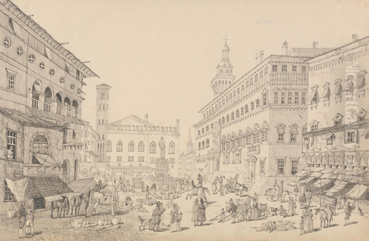 Square at Bologna, Cathedral and Palace of the Pope's legate 12th Nov.r 1840 Oil Painting by Sir Charles D'Oyly, 7th Baronet
