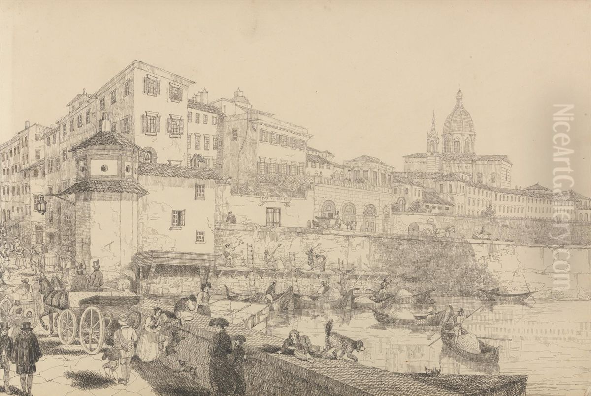 View of Casino Pecori on the Lung Arno, Residence of Sir Charles D'Oyly at Florence. 1st May 1842 Oil Painting by Sir Charles D'Oyly, 7th Baronet