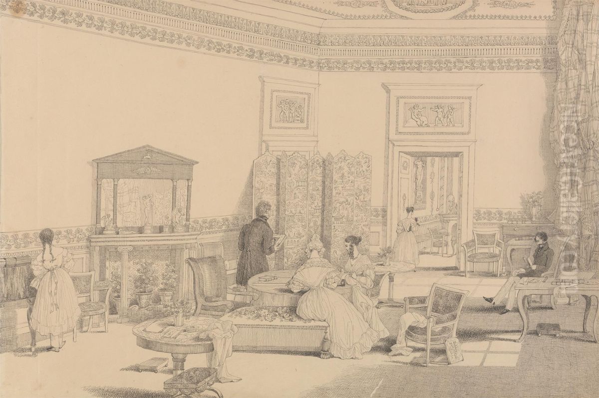 Drawing Room, Casino Pecori 12.th Oct.er 1841 Oil Painting by Sir Charles D'Oyly, 7th Baronet