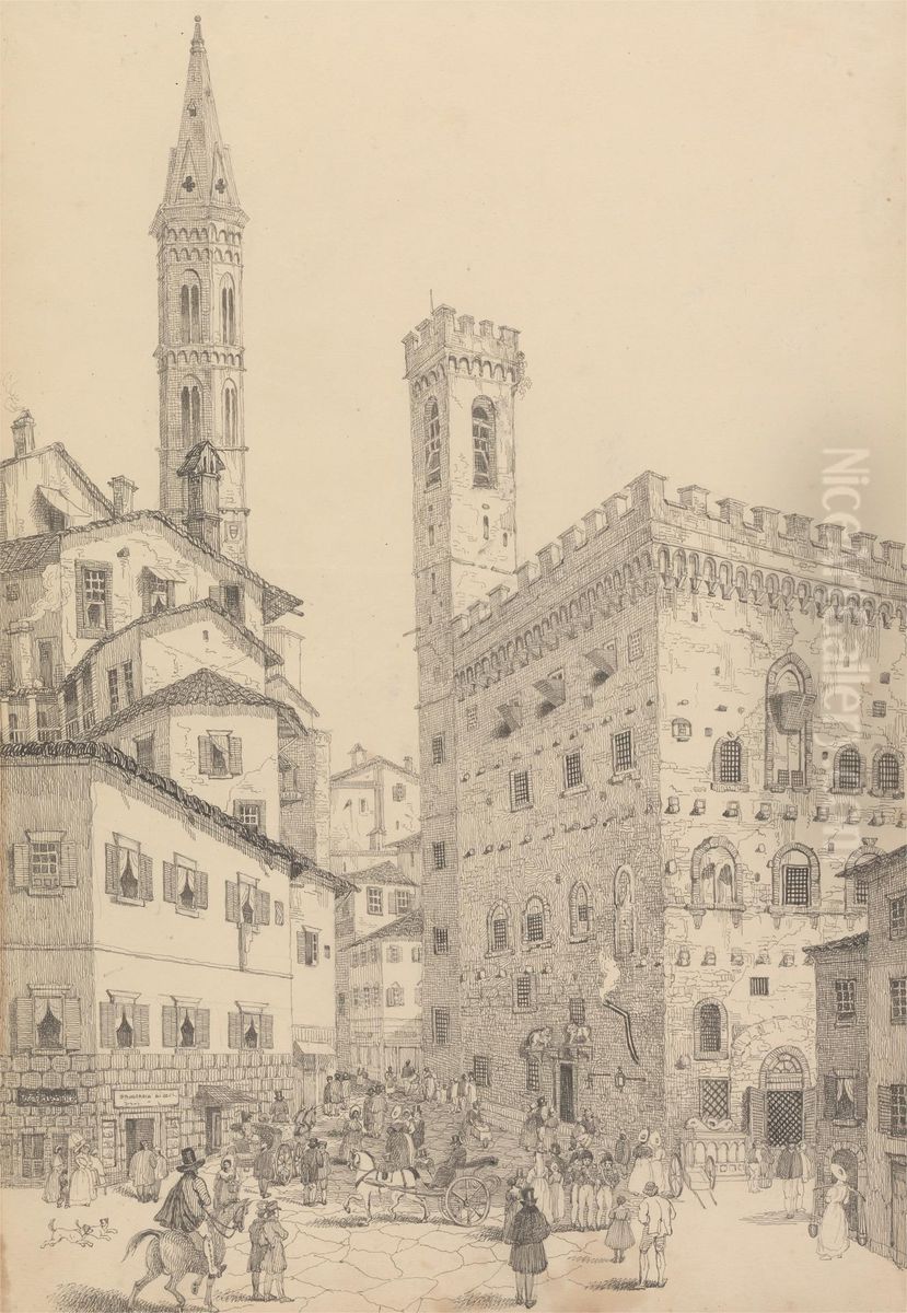South View of the Barqello or State Prison and Spire of the Badia 3.d May 1842 Oil Painting by Sir Charles D'Oyly, 7th Baronet