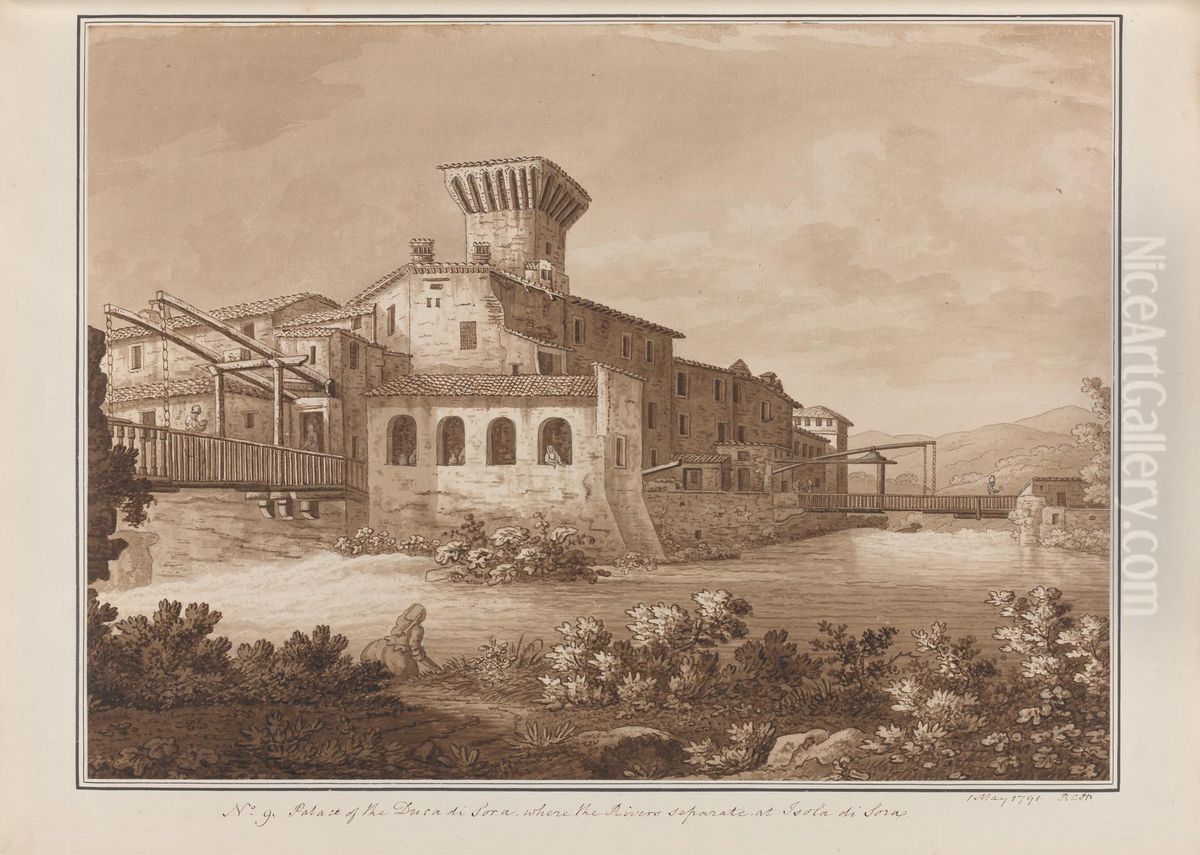 Palace of the Duca di Sora Where the Rivers Separate, at Isola di Sora Oil Painting by Sir Richard Hoare, 2nd Baronet