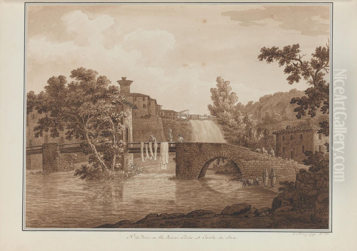 View on the River Liris at Isola di Sora Oil Painting by Sir Richard Hoare, 2nd Baronet