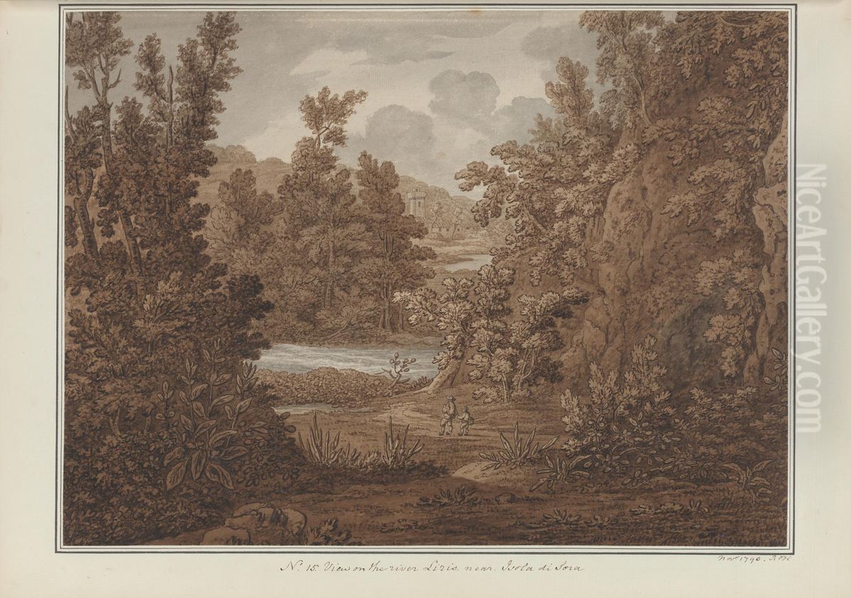 View on the river Liris, near Isola di Sora Oil Painting by Sir Richard Hoare, 2nd Baronet