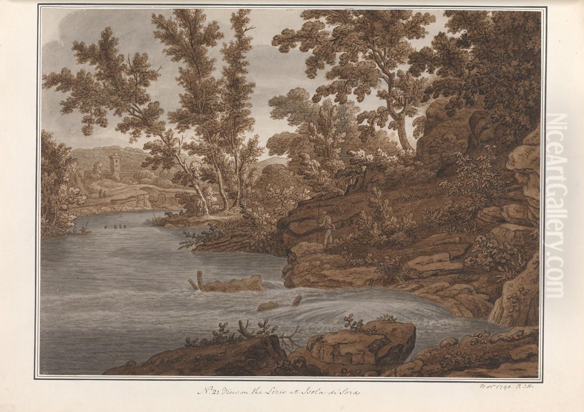 View on the Liris at Isola di Sora Oil Painting by Sir Richard Hoare, 2nd Baronet