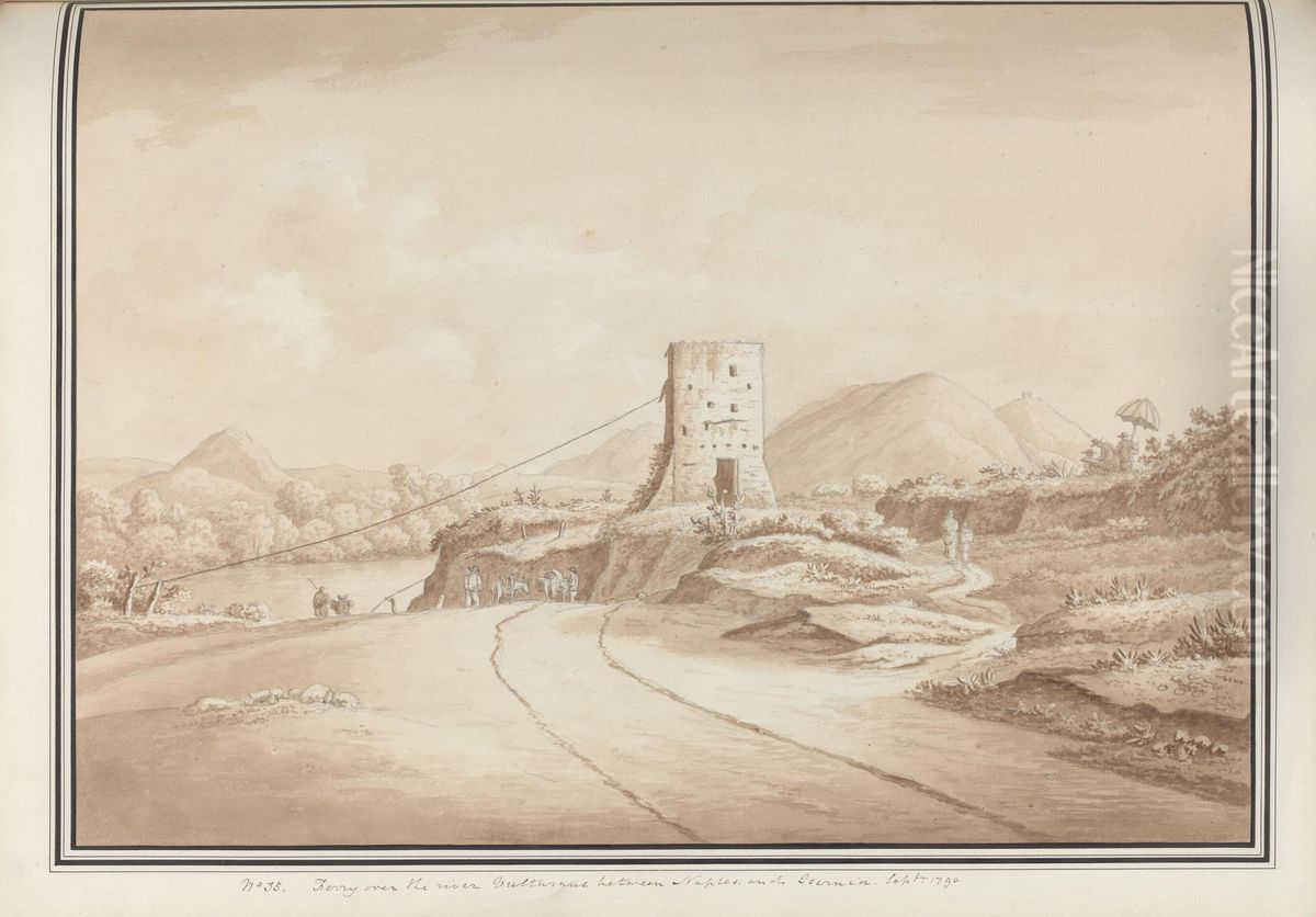 Ferry over the river Vulturnus, between Naples and Isernia. Sept.r 1790 Oil Painting by Sir Richard Hoare, 2nd Baronet