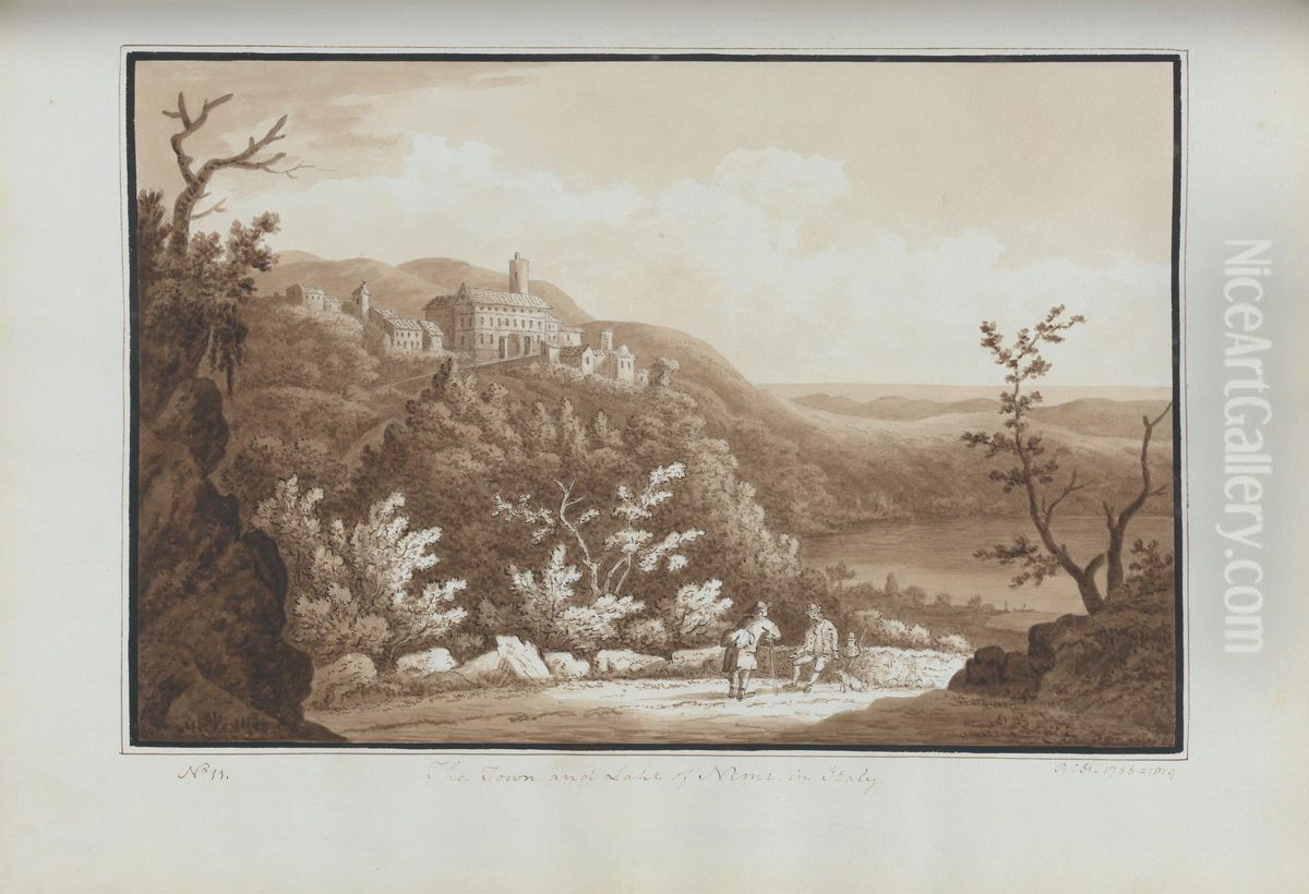 The Town and Lake of Nemi, in Italy Oil Painting by Sir Richard Hoare, 2nd Baronet